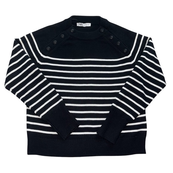 Zara Nautical Striped Knit Pullover Sweater Black White
Anchor Buttons Medium - Picture 2 of 15